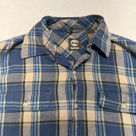 Timberland Men's Medium Flannel Shirt Blue / Beige Plaid 100% Cotton Workwear - Picture 6 of 16